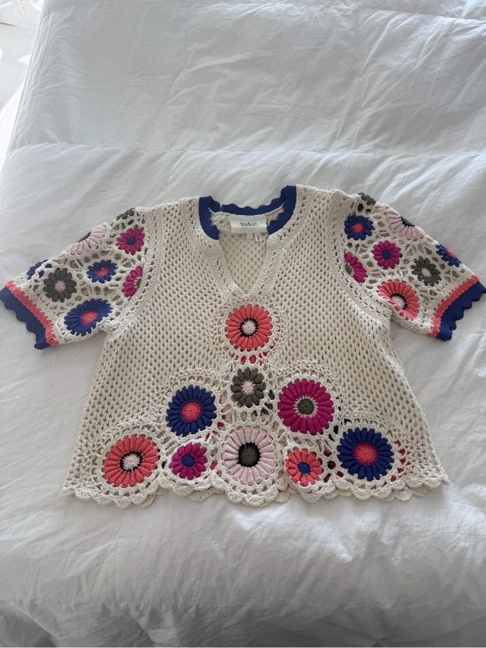ba&sh Cream Crochet Cardigan with Scalloped Trim